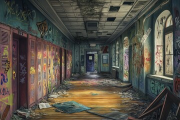 Poster - Abandoned school hallway with graffiti and debris.