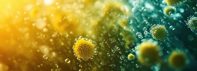Poster - Microscopic view of vibrant yellow and teal spheres suspended in liquid, with bubbles.