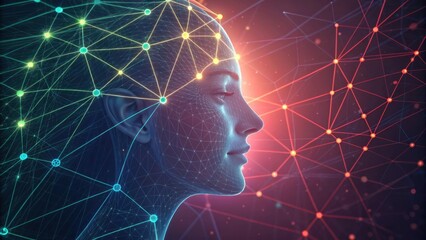 Poster - Polygonal woman face with closed eyes showing neural network connections, symbolizing artificial intelligence, machine learning, and deep learning concepts