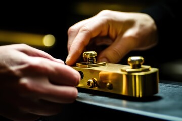 Poster - Close-up of hands adjusting brass switch.