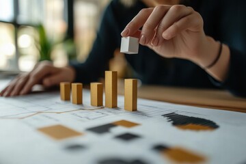 Leinwandbilder - Woman's hand placing a cube on a growing bar graph, symbolizing business growth and success.