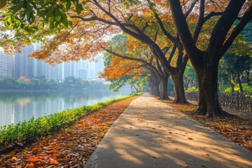 Poster - Autumnal path alongside a calm lake, lined with colorful trees and city skyline in the background.