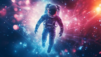 Poster - An astronaut floating in a vibrant cosmic background of stars and colors.