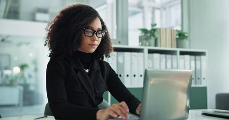 Poster - Laptop, typing and business woman planning, review update or reading compliance feedback in office. African worker, computer and writing email for policy development, rules or check regulation report