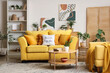 © Pixel-Shot - Yellow sofa, armchair and coffee table in interior of living room