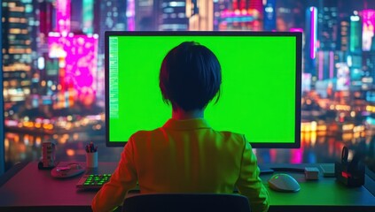 Poster - Woman sits at desk facing large green screen monitor, city lights blurred background.