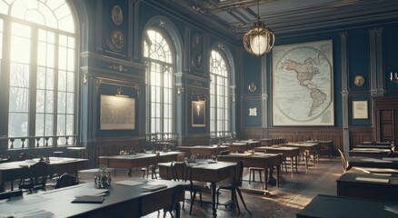 Leinwandbilder - Sunlit grand hall with antique desks, map, and large windows.