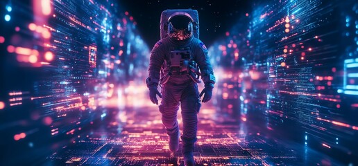Poster - An astronaut walking through a futuristic digital landscape.