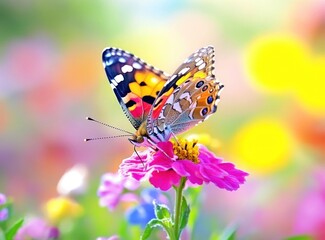 Aufkleber - Colorful butterfly on pink flower in vibrant garden.