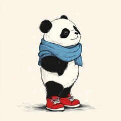 Poster - Cute panda bear wearing a blue scarf and red shoes in winter.