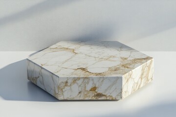 Poster - Hexagonal marble podium on white background.