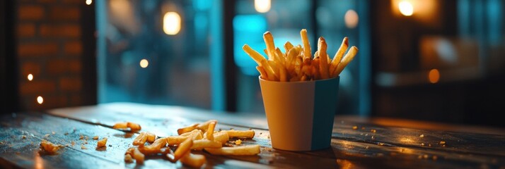 Poster - A cup filled with golden fries is placed on a wooden table surrounded by a warm and inviting ambiance with soft lighting. Generative AI