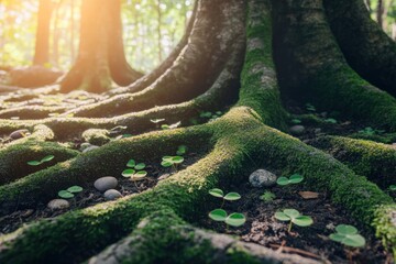 Poster - Sunlit moss-covered tree roots and small plants.