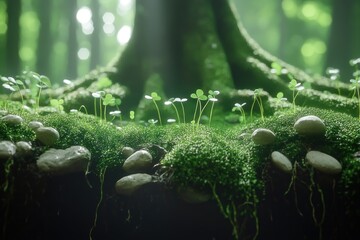 Poster - Lush green moss, small plants, tree roots, and stones at forest floor.
