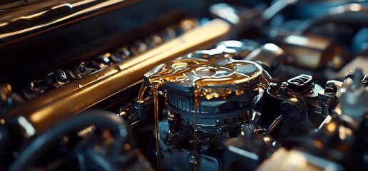 Fototapete - Close-up of an engine component with oil dripping, showcasing mechanical detail.