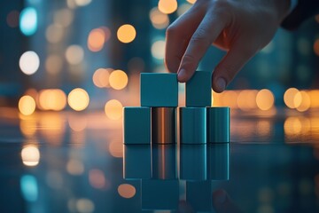 Poster - Hand placing block on stack against blurred city lights.