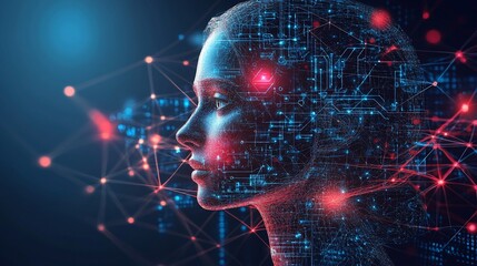 Poster - Digital representation of a human face with technological elements.
