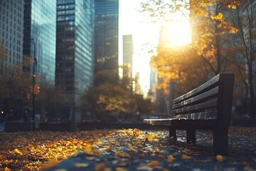 Poster - Empty park bench in autumn, city backdrop.