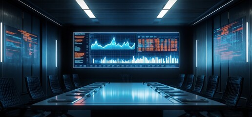 Poster - Futuristic conference room with data visualization and analytics display.
