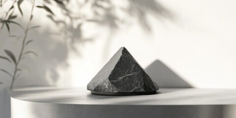 Poster - Pyramid-shaped dark gray stone object on a white surface with plant shadows.