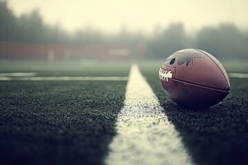 Poster - Lone American football on a foggy field, near the sideline.