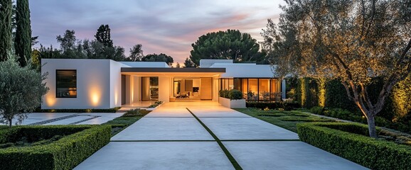 Aufkleber - Modern architectural home with landscaped garden at sunset.