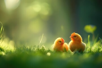 Aufkleber - Two fluffy yellow chicks nestled in vibrant green grass, bathed in soft sunlight.