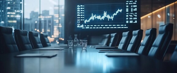 Poster - Modern conference room with a financial graph display.