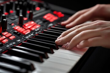 Aufkleber - close-up of hands playing a keyboard with red lights.