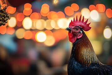 Poster - Close-up of a rooster against a bokeh background of lights.