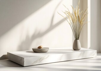 Aufkleber - Minimalist display with marble platform, vase, dried flowers, and stone.