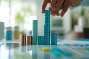 Leinwandbilder - Hand arranging teal and bronze cylinders forming a bar graph on a reflective surface.