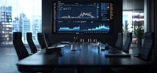 Poster - Modern conference room with a large screen displaying data analytics.