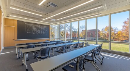 Leinwandbilder - Modern classroom with large windows, desks, chairs, and blackboard.