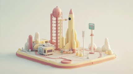 Poster - Low-poly model of a rocket launchpad with rocket on the launch tower.
