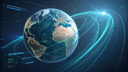 Poster - Planet earth rotating in space with futuristic digital data, orbits and information panels, concept of global communication and information technology