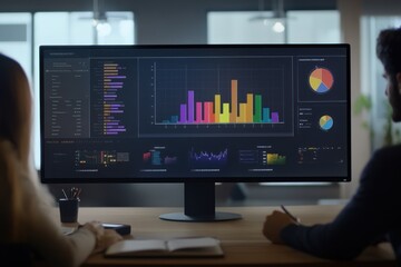 Aufkleber - Two colleagues analyze data on a large monitor.