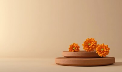 Poster - Minimalist orange flowers on terracotta podium.
