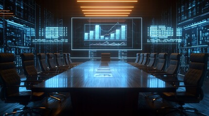 Poster - Modern conference room with digital data displays and sleek design.