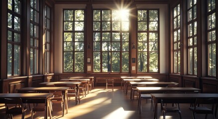 Leinwandbilder - Sunlit classroom with wooden desks and large windows overlooking trees.