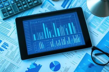Poster - Tablet displaying financial charts and graphs on documents.