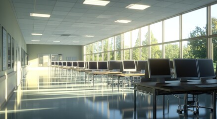 Leinwandbilder - Sunlit computer lab with rows of desktops and large windows overlooking a green landscape.