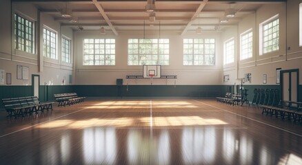 Aufkleber - Sunlit empty basketball court in a vintage gymnasium.
