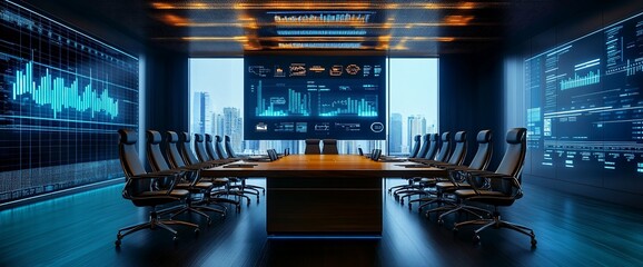 Poster - Modern conference room with digital displays and city views.