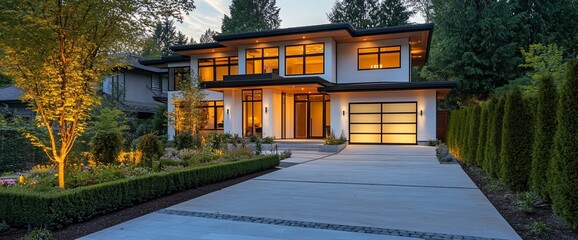 Aufkleber - Modern house with illuminated windows and landscaped driveway at dusk.