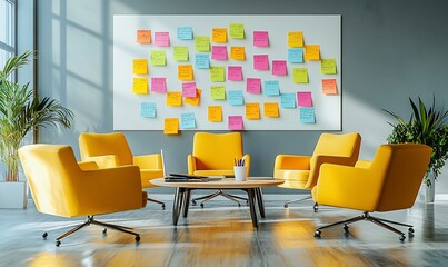 Poster - Modern workspace with yellow chairs and a colorful sticky note wall.