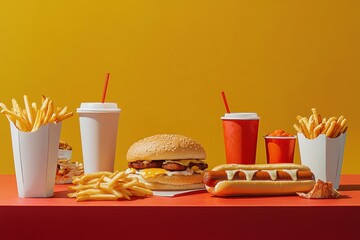 Poster - A colorful table displays an assortment of fast food items, including a large burger, hot dogs, crispy fries, and soft drinks, inviting indulgence. Generative AI