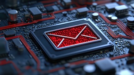 Poster - Red clock ticking on motherboard, a closeup view of time and technology 