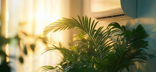 Aufkleber - Sunlight filtering through curtains onto a lush indoor plant.