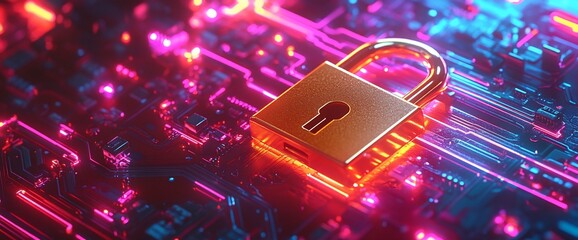 Poster - A digital lock on a circuit board symbolizes cybersecurity and protection.